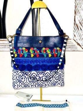 Tory Burch Beaded Parrot & Pom-Pom Shoulder Bag Blue NWT ($895 retail) & dusty